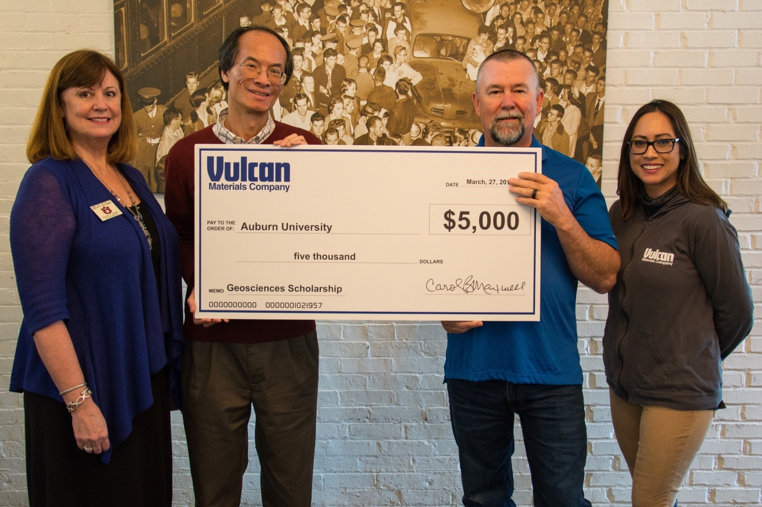 Picture left to right: Tammy Hartwell and Dr. Lee, Auburn University College of Sciences and Mathematics; Keith Griggs, Notasulga Plant Manager and Atisthan Roach, SGC Community Relations.