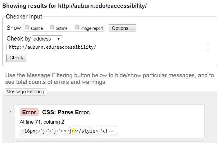 Message Filtering button, and errors and warnings list