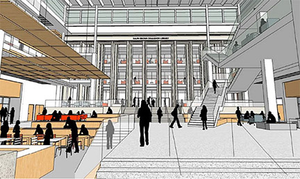inside Mell classroom building, atrium, looking twards RBD Library