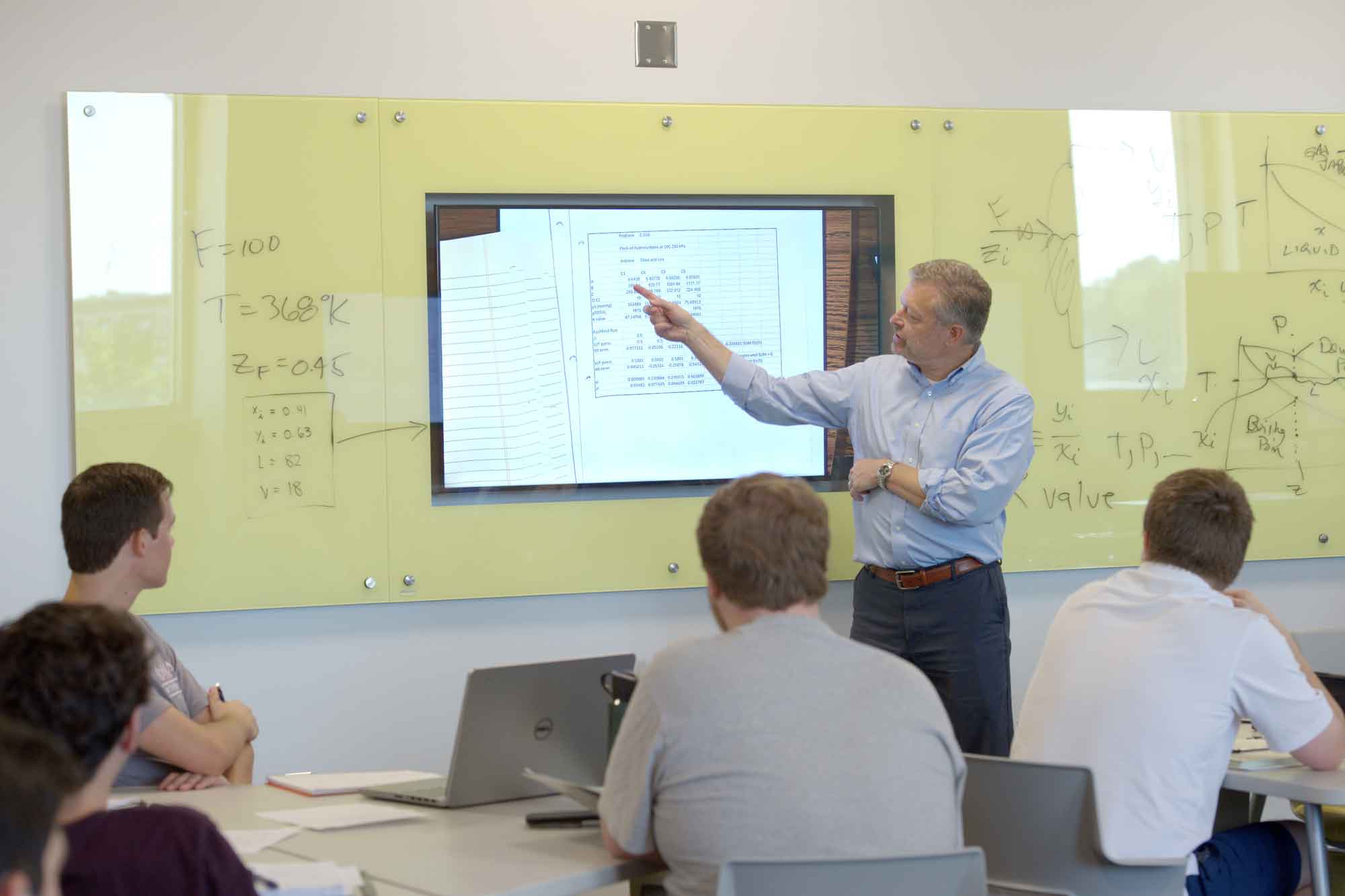 Teacher pointing at screen in Mell classroom.