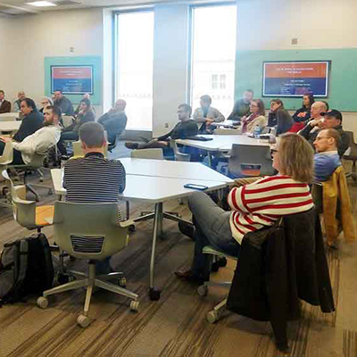 Members of campus attending a Strategic Plan town hall and discussion