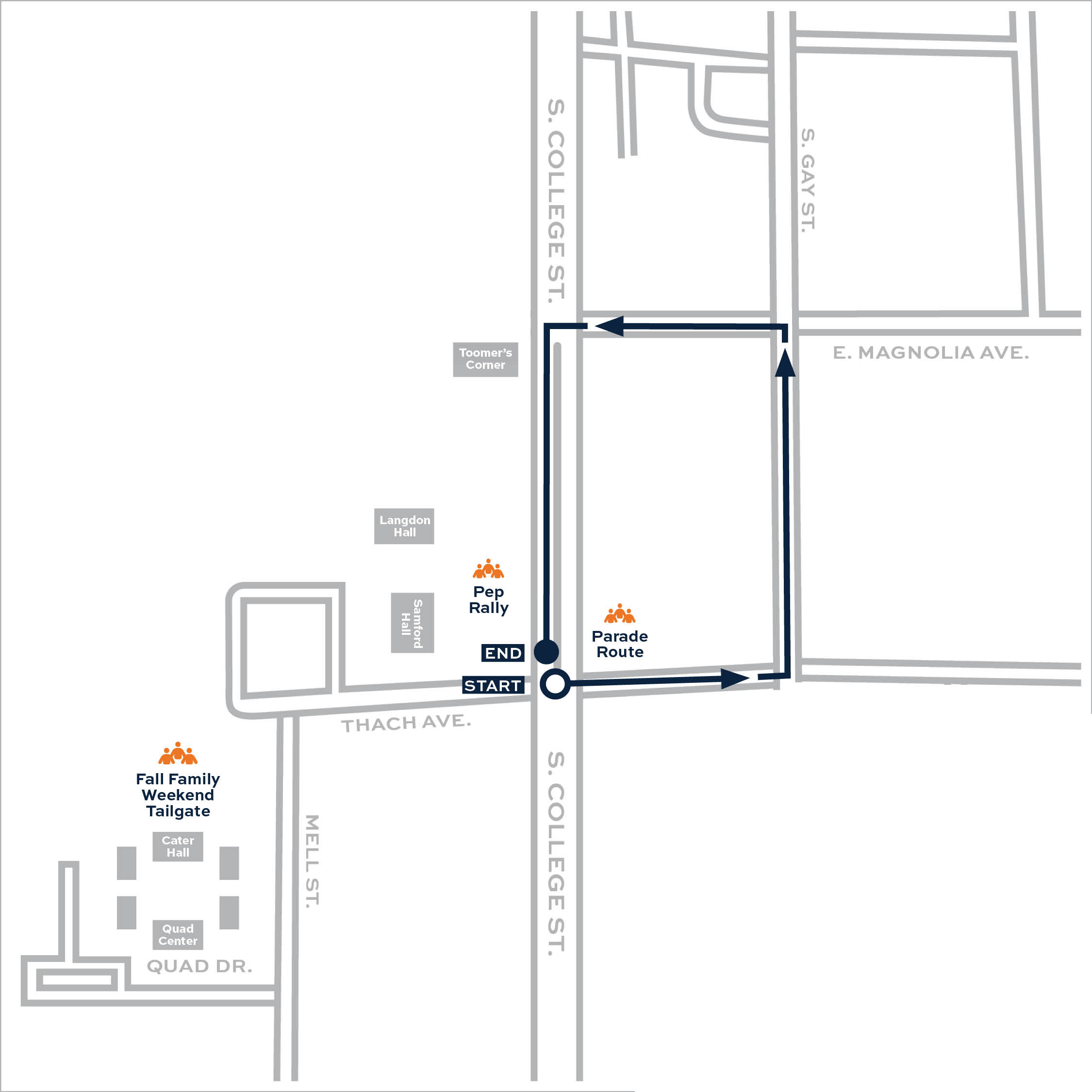 A map of the 2024 Auburn University homecoming parade route