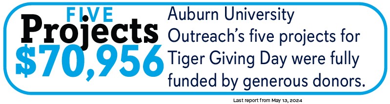 Five Projects $70,956. Auburn University Outreach's five projects for Tiger Giving Day were fully funded by generous donors.