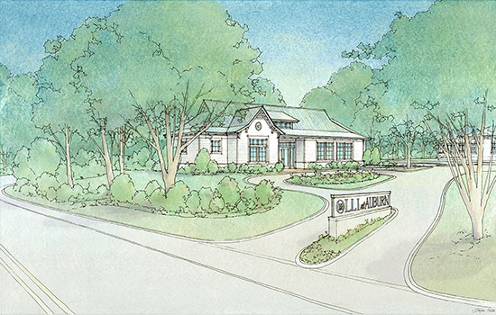 Architectural rendering of a white building surrounded by trees with a driveway and sign, OLLI at Auburn