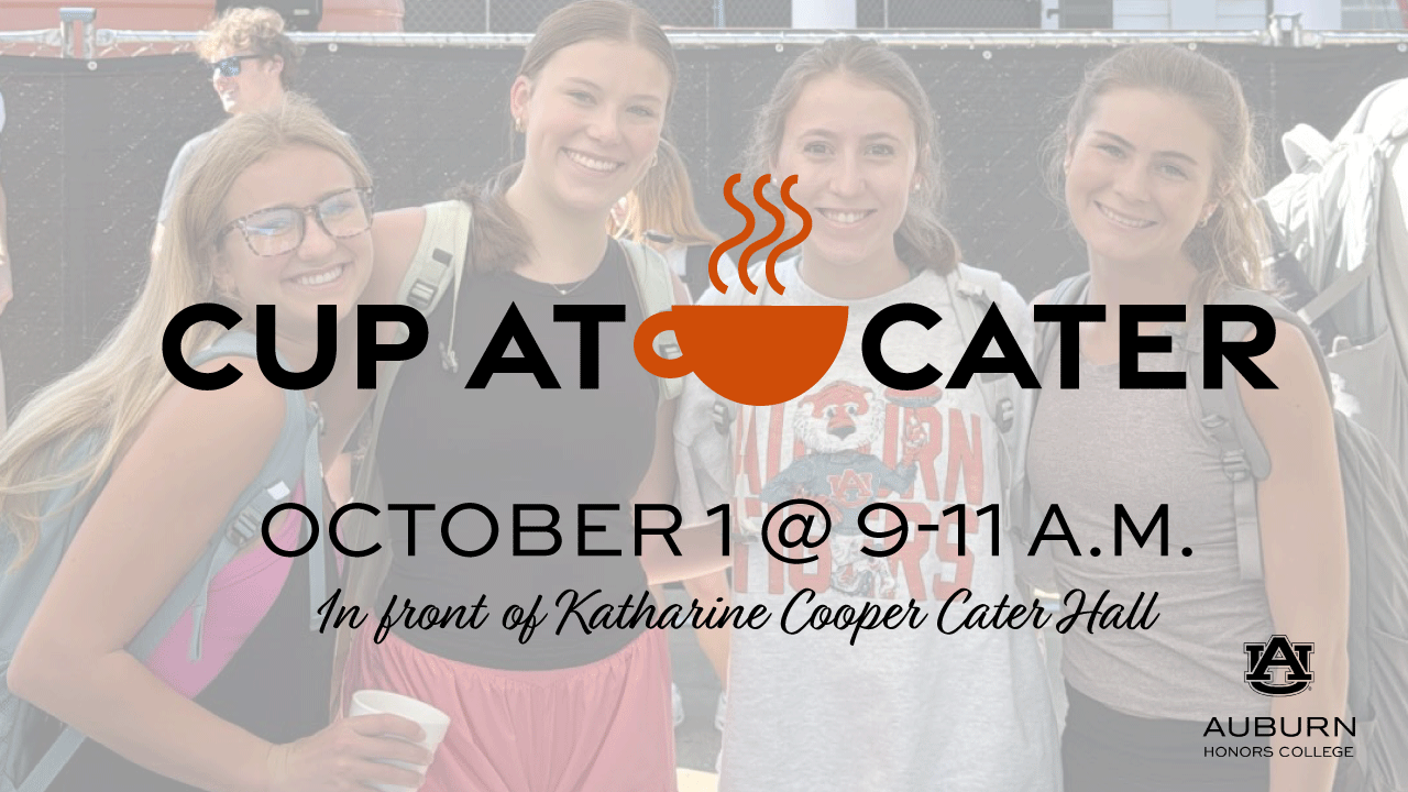 four individuals smiling and holding coffee cups at the Auburn University 'Cup at Cater' event in front of Katharine Cooper Cater Hall, scheduled for Octopber  1 from 9-11 A.M.