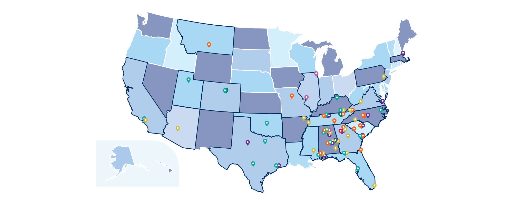 Map with location pins of where CHS students are in health profession schools. 