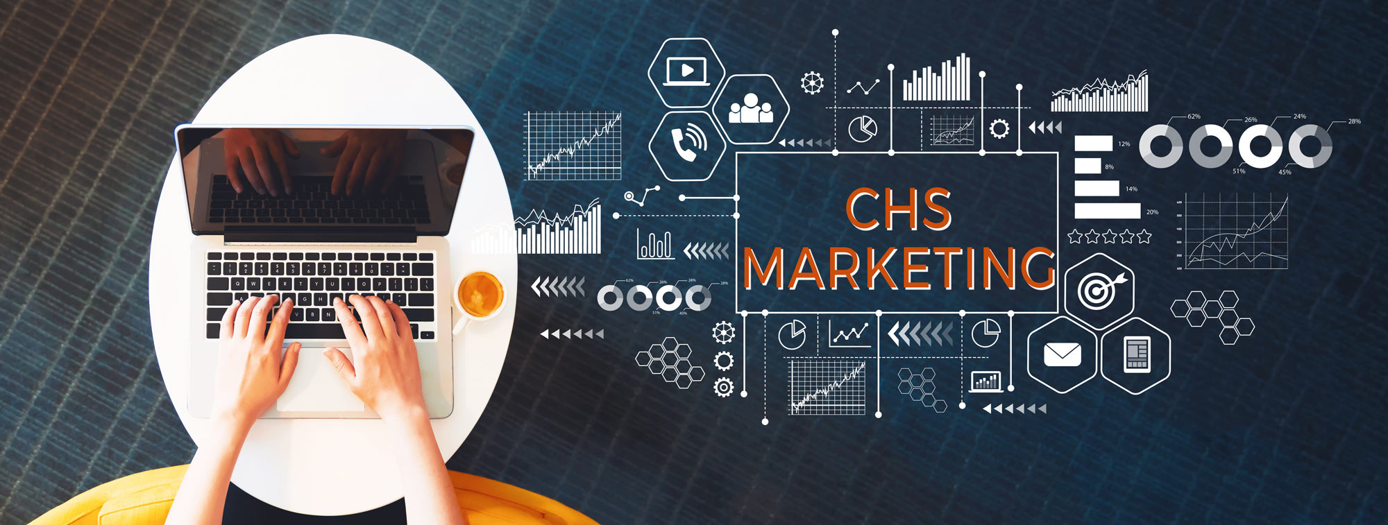 Photo with laptop on a desk with marketing and stragey icons on the right.