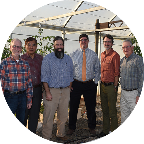 Six men stand in a row