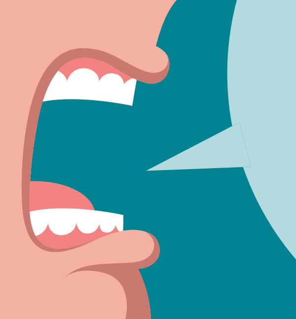 A graphic drawing of a mouth speaking