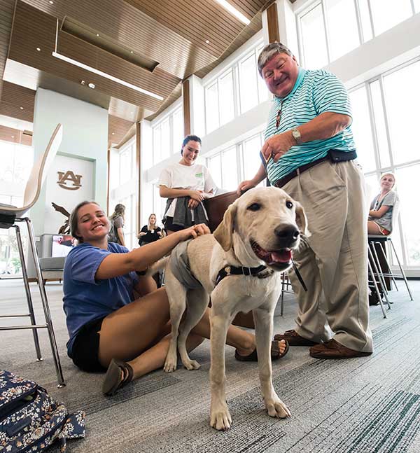 Two people kneel next to a dog