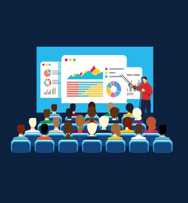 A rendering of someone giving a presentation