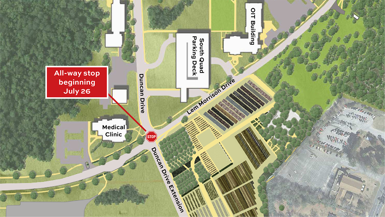 The intersection of Duncan and Lem Morrison drives will transition to a four-way stop, also known as an all-way stop, beginning Friday, July 26.